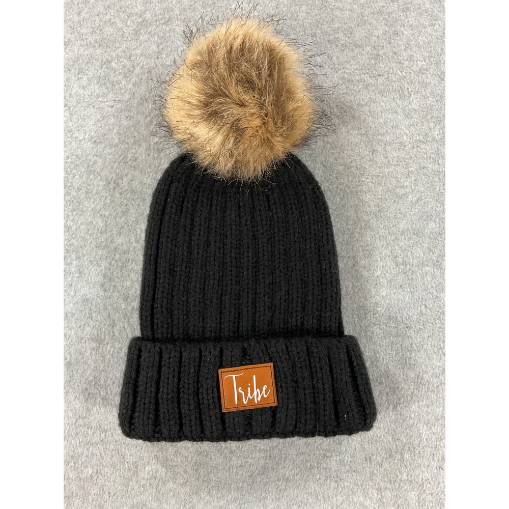 Tribe Black Ribbed Knit Beanie Hat with Faux Fur Pom Pom and Leather Patch